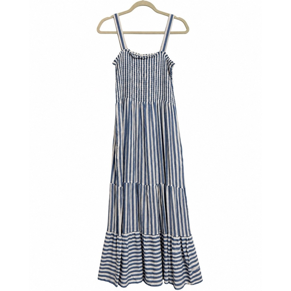 Raviya Women's M Blue White Striped Maxi Dress Smocked Tiered Beach Resort
